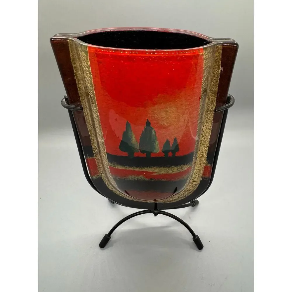Vintage Jasmine Art Glass Vase in Metal Stand Black Gold Red Green Trees Vibrant
